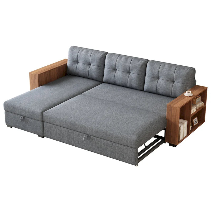 Divano Sezionale Convertibile con Letto Estraibile e Chaise Longue Contenitore Nascosto