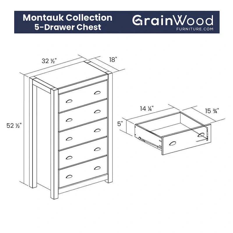 Cassettiera 5 cassetti in legno massello Montauk di Grain Wood Furniture