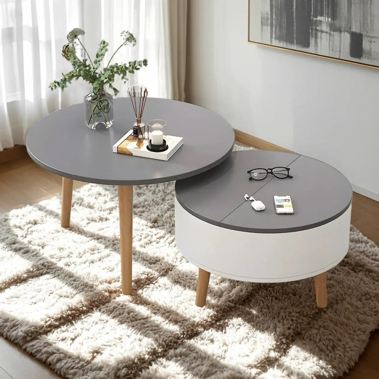Tavolino da caffè rotondo moderno in legno bianco e nero con contenitore