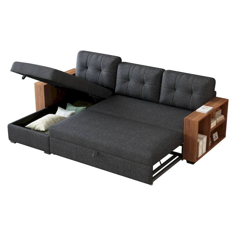 Divano Sezionale Convertibile con Letto Estraibile e Chaise Longue Contenitore Nascosto