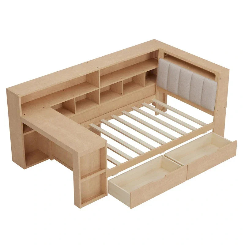 Divano Letto a "L" in Legno con Scrivania, Mobile Libreria, Letto Angolare con Cassetti Sottostanti, Testiera Imbottita con Luce Integrata