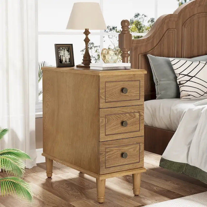Tavolino stretto completamente assemblato, tavolino in legno massello con 3 cassetti, comodino sottile vintage per piccoli spazi