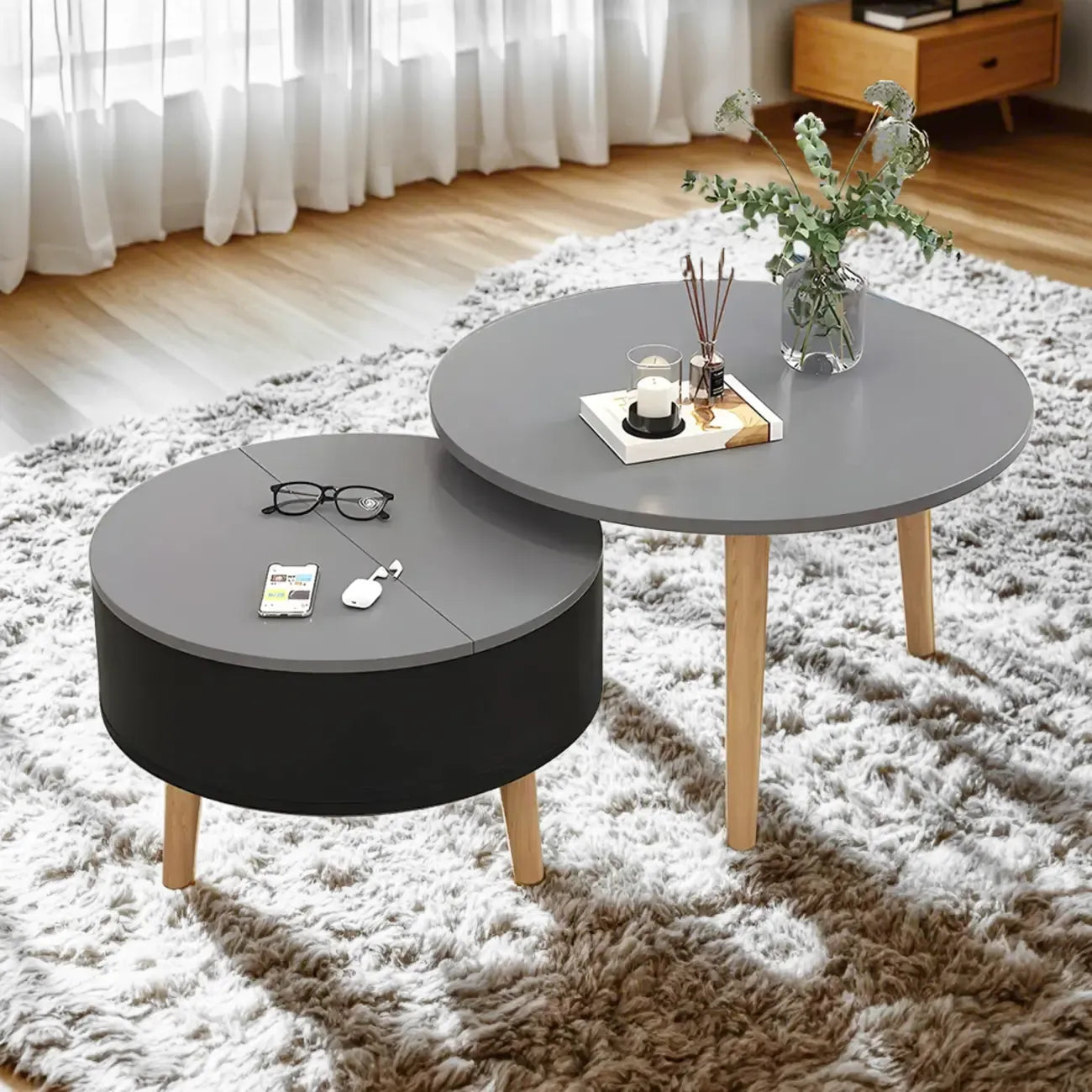 Tavolino da caffè rotondo moderno in legno bianco e nero con contenitore