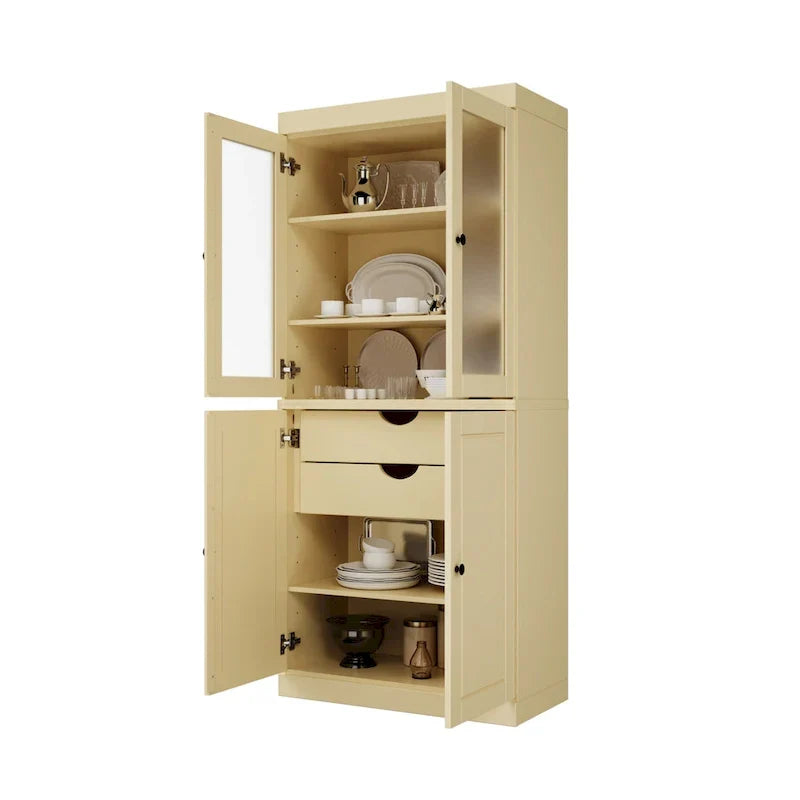Mobile Dispensa in Legno Massello al 100% con Ante in Vetro Satinato, Ante Piene, 2 Cassetti e Ripiani Regolabili