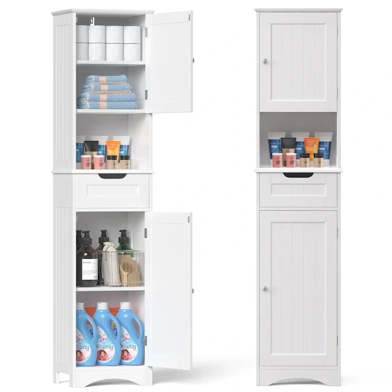 Mobile bagno alto 67 H, Armadietto portabiancheria stretto, Mobiletto contenitore con 2 ante e cassetto
