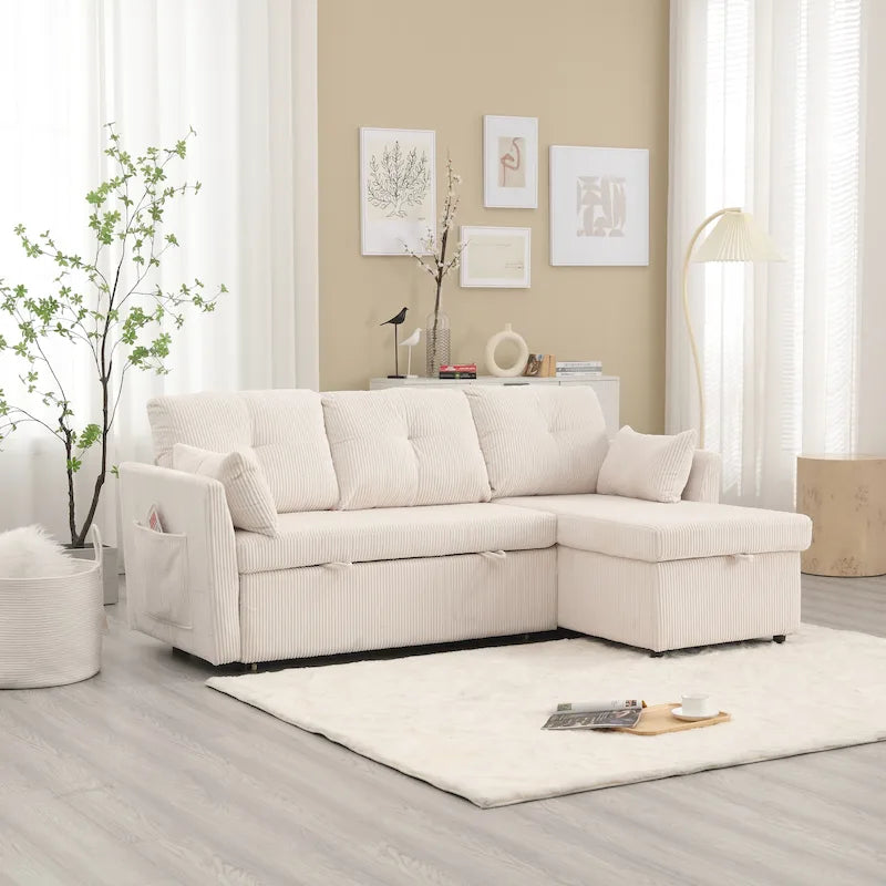 Divano Sezionale a L con Chaise Reversibile, Rivestimento in Velluto a Coste/Ciniglia, con Bracciolo Portaoggetti e Tasca Laterale