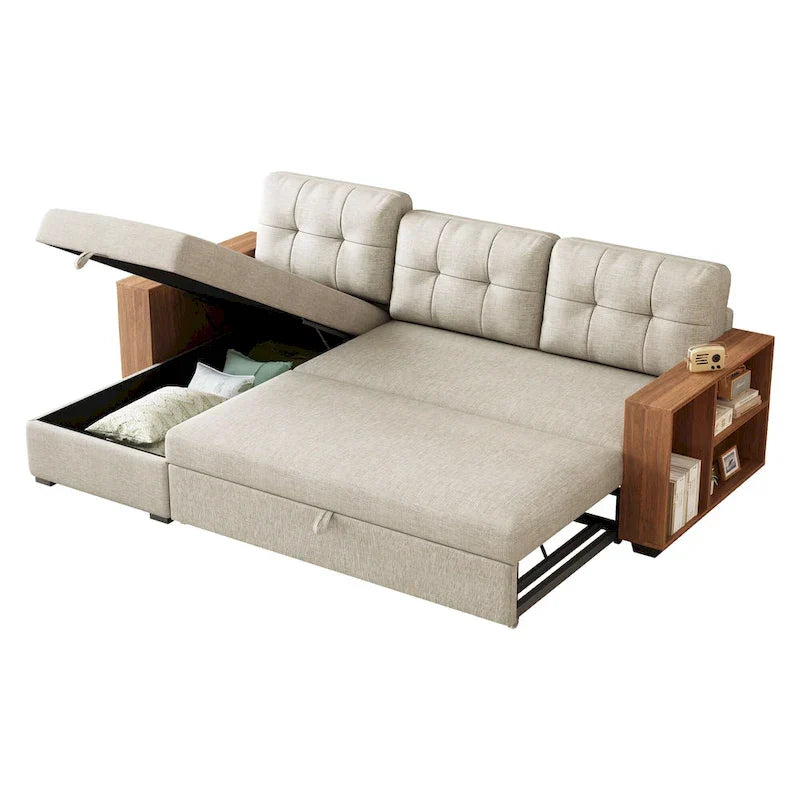 Divano Sezionale Convertibile con Letto Estraibile e Chaise Longue Contenitore Nascosto