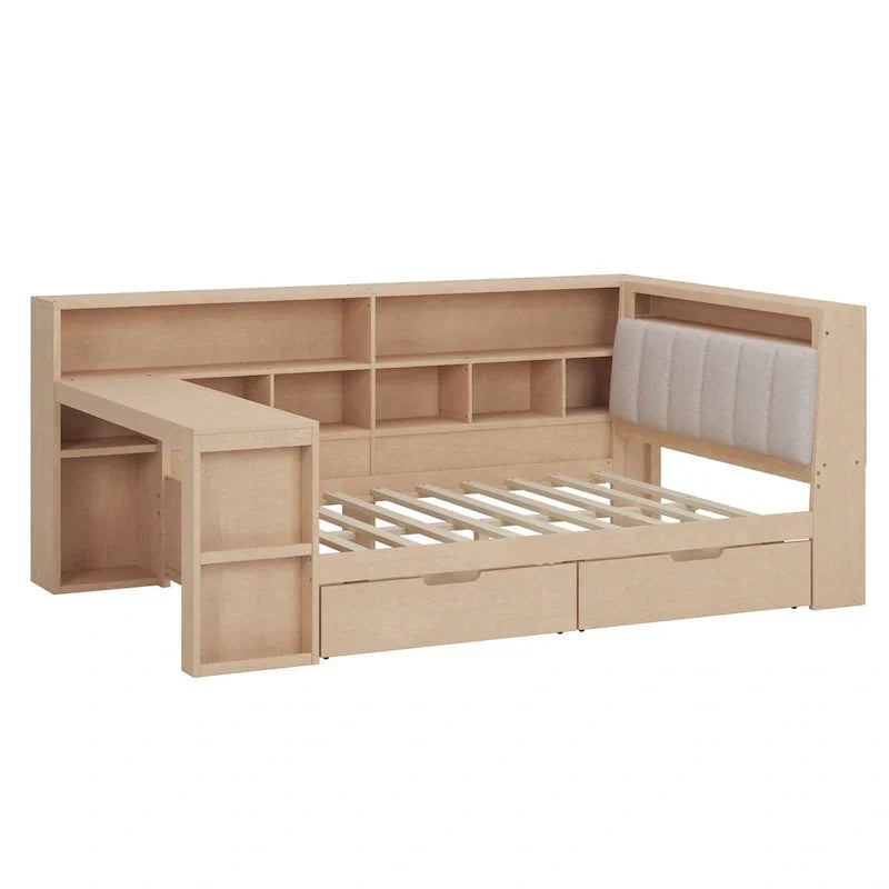 Divano Letto a "L" in Legno con Scrivania, Mobile Libreria, Letto Angolare con Cassetti Sottostanti, Testiera Imbottita con Luce Integrata