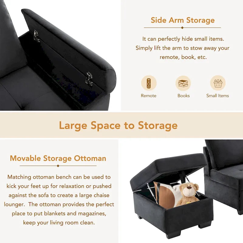 Divano sezionale a L a 5 posti con funzione letto, con pouf contenitore, vano contenitore nel bracciolo e ricarica USB per soggiorno, 84,75 pollici
