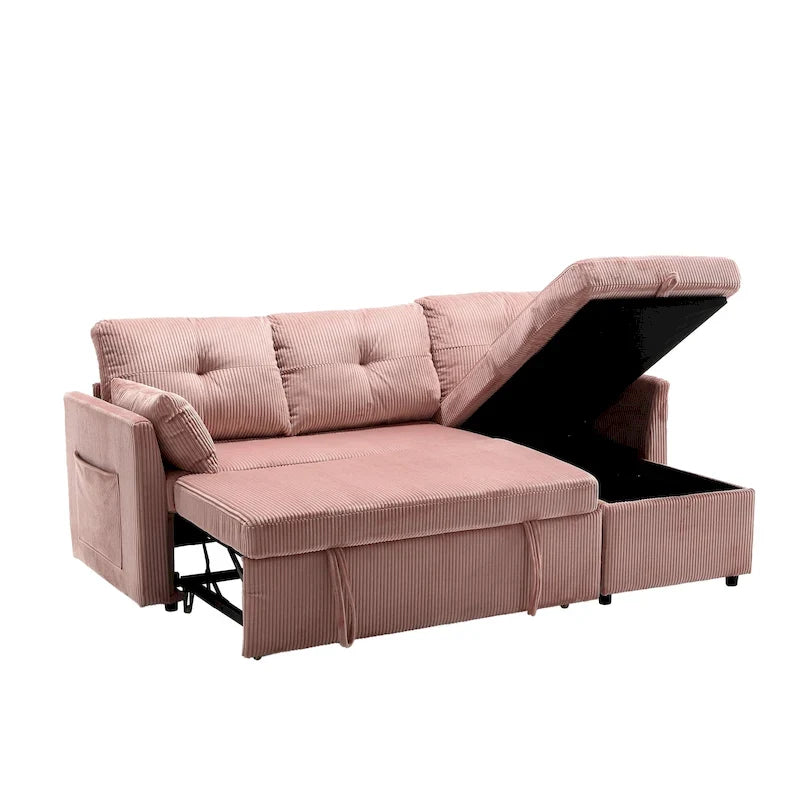 Divano Sezionale a L con Chaise Reversibile, Rivestimento in Velluto a Coste/Ciniglia, con Bracciolo Portaoggetti e Tasca Laterale