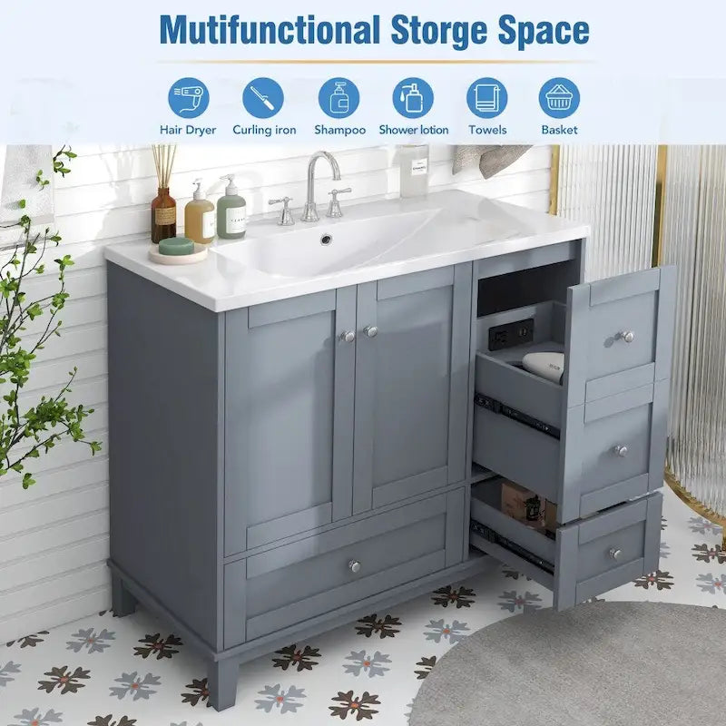 Mobile bagno da 36 pollici con ricarica USB, lavabo in resina, telaio in legno massello, 3 cassetti contenitori