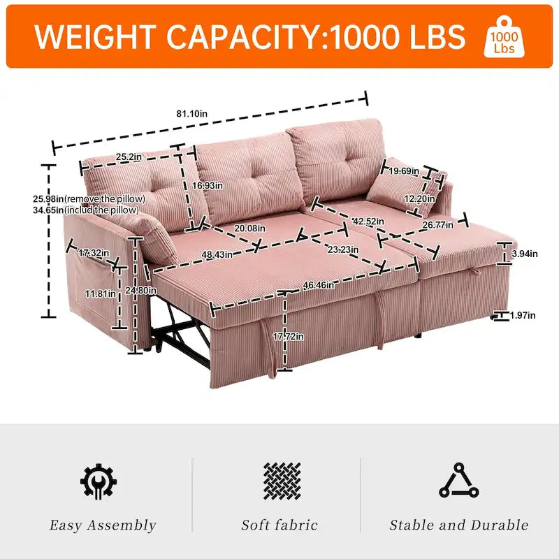 Divano Sezionale a L con Chaise Reversibile, Rivestimento in Velluto a Coste/Ciniglia, con Bracciolo Portaoggetti e Tasca Laterale