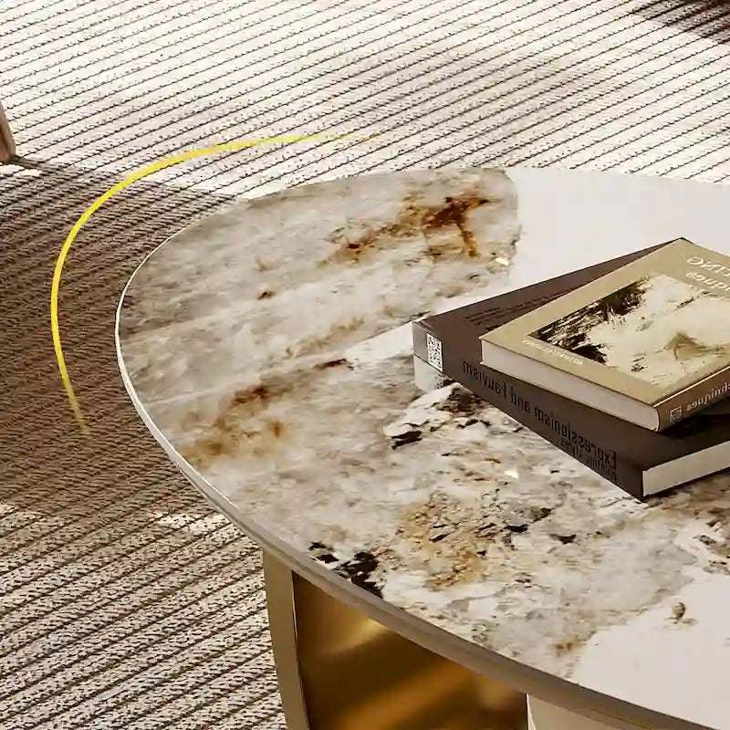 Tavolino da caffè ovale moderno Pandora 51 con piano in pietra sinterizzata lucida, tavolino da caffè di lusso, gambe in acciaio inossidabile per soggiorno