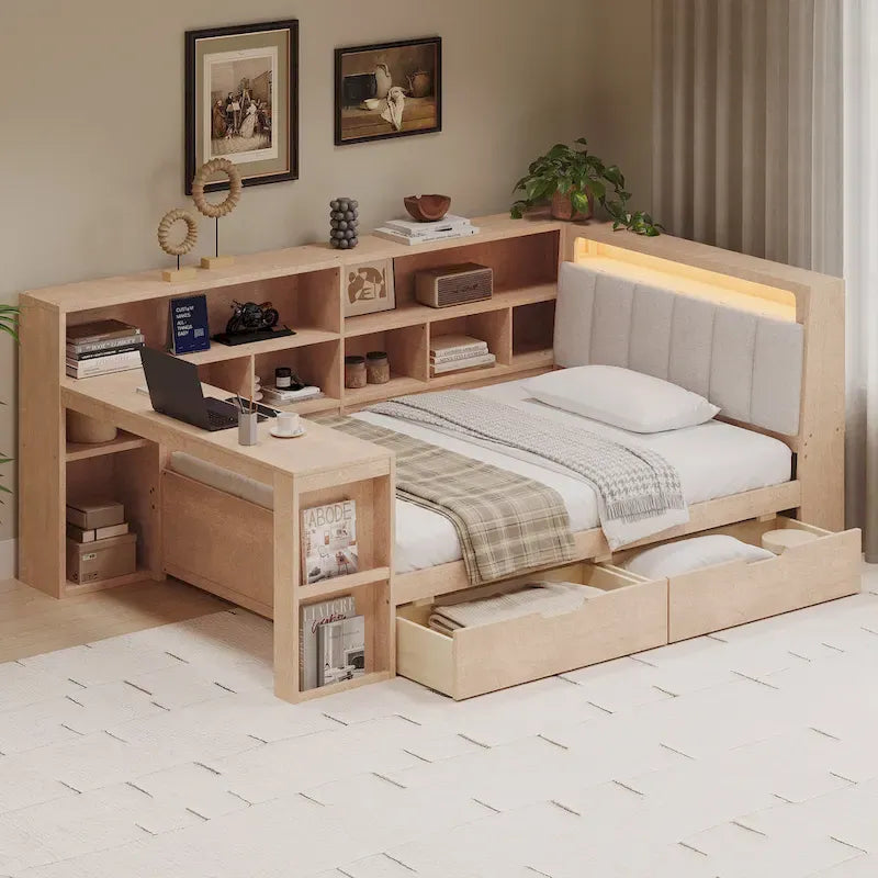 Divano Letto a "L" in Legno con Scrivania, Mobile Libreria, Letto Angolare con Cassetti Sottostanti, Testiera Imbottita con Luce Integrata