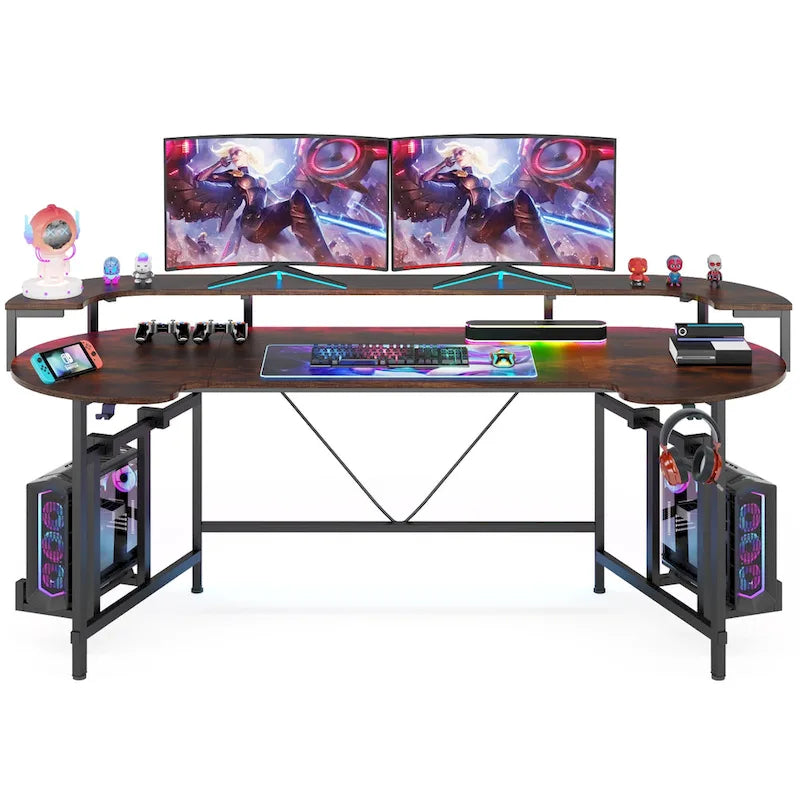Scrivania da Gaming con Ripiano Monitor, Scrivania per PC Computer da 75 Pollici con Striscia LED
