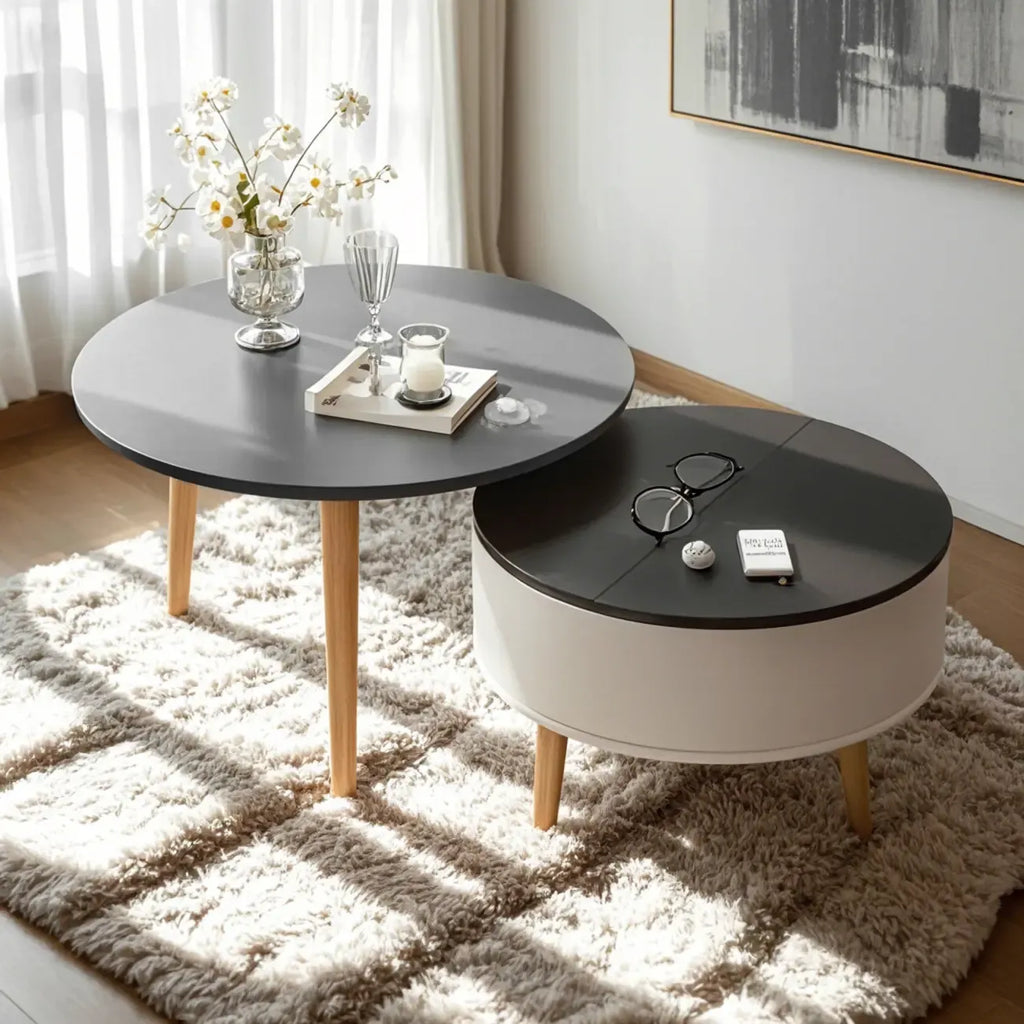 Tavolino da caffè rotondo moderno in legno bianco e nero con contenitore