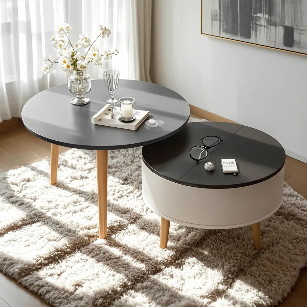 Tavolino da caffè rotondo moderno in legno bianco e nero con contenitore