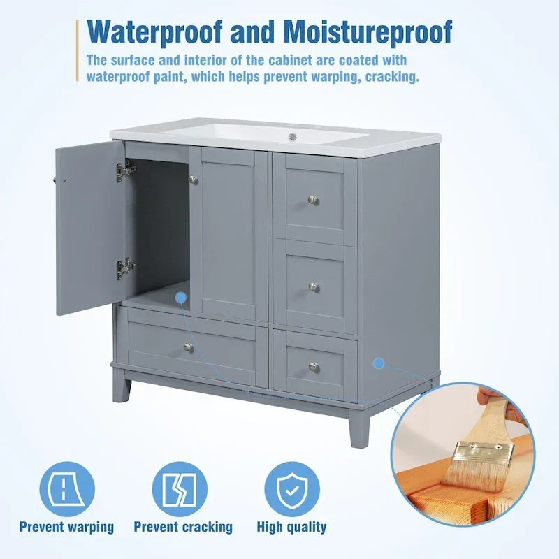 Mobile bagno da 36 pollici con ricarica USB, lavabo in resina, telaio in legno massello, 3 cassetti contenitori