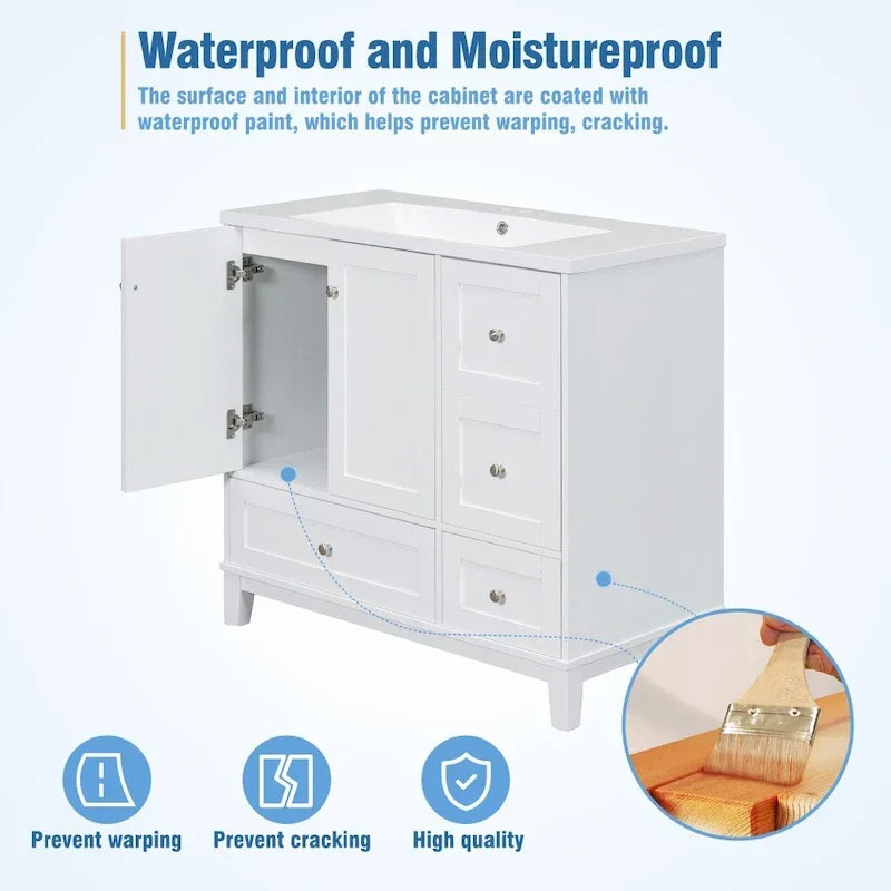 Mobile bagno da 36 pollici con ricarica USB, lavabo in resina, telaio in legno massello, 3 cassetti contenitori