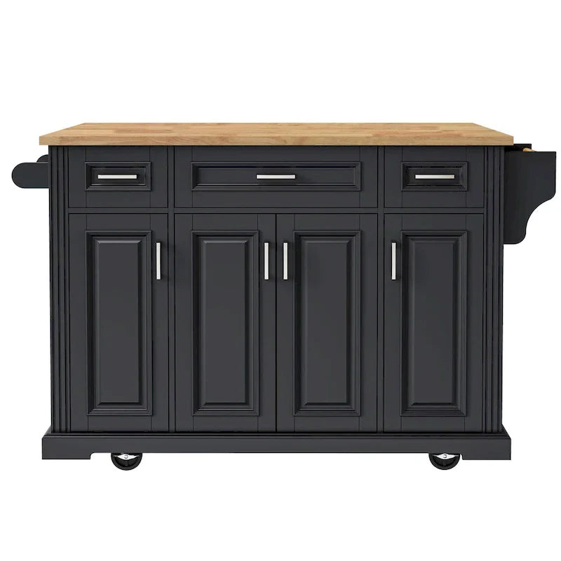 54 - Grande isola cucina con anta a ribalta in legno di gomma, carrello da cucina scorrevole con texture in rilievo su 4 ruote con 4 ante e 3 cassetti
