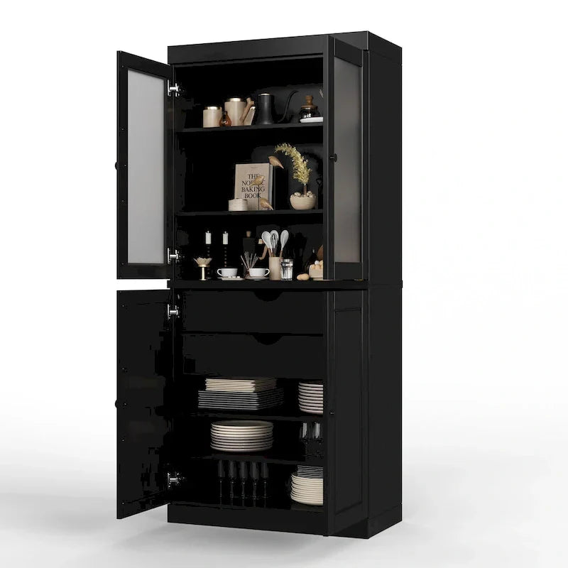 Mobile Dispensa in Legno Massello al 100% con Ante in Vetro Satinato, Ante Piene, 2 Cassetti e Ripiani Regolabili