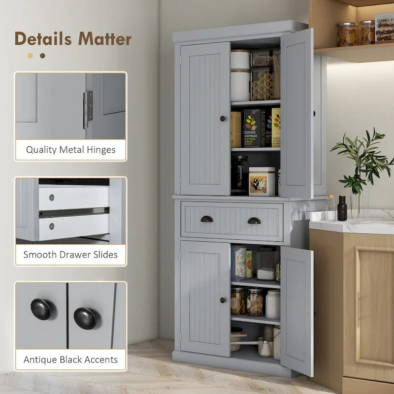Armadio dispensa da cucina da 72 pollici, mobile tradizionale autoportante con 4 ante e 3 ripiani regolabili, ampio cassetto centrale