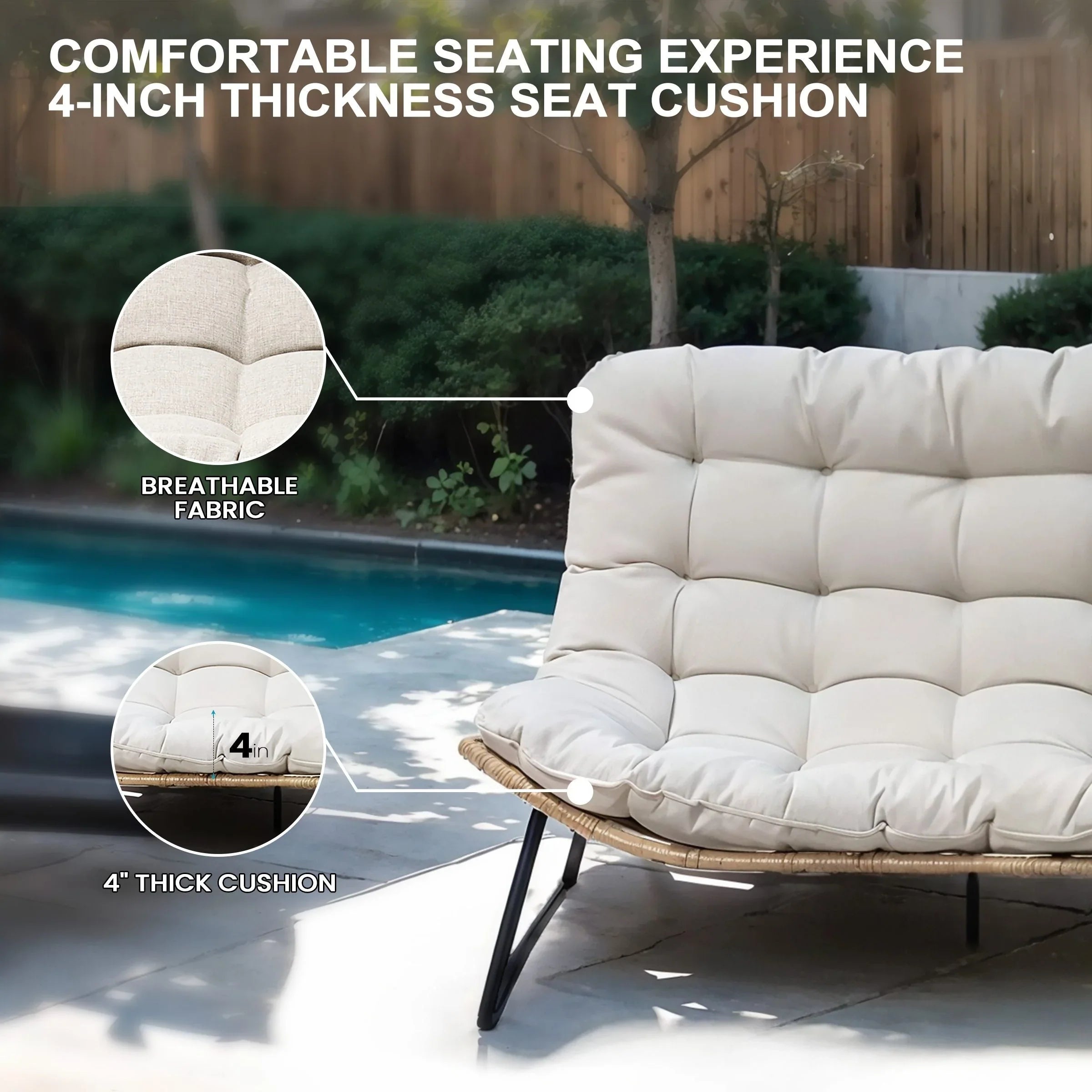 Divanetto due posti Double Papasan con cuscino, in rattan PE per tutte le stagioni e struttura in metallo per interni ed esterni
