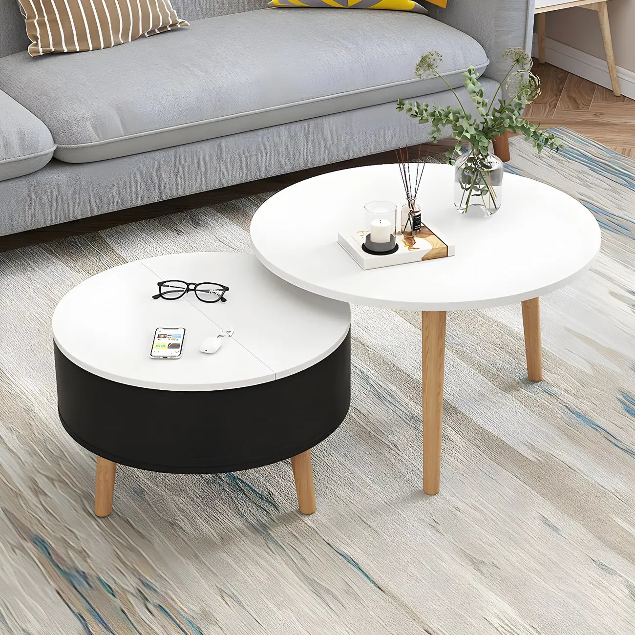 Tavolino da caffè rotondo moderno in legno bianco e nero con contenitore