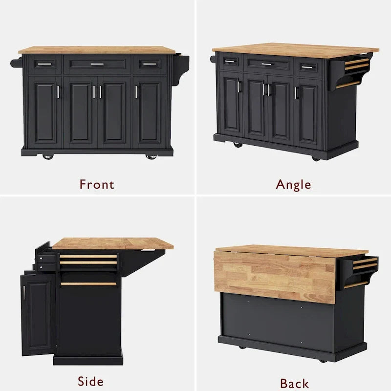 54 - Grande isola cucina con anta a ribalta in legno di gomma, carrello da cucina scorrevole con texture in rilievo su 4 ruote con 4 ante e 3 cassetti