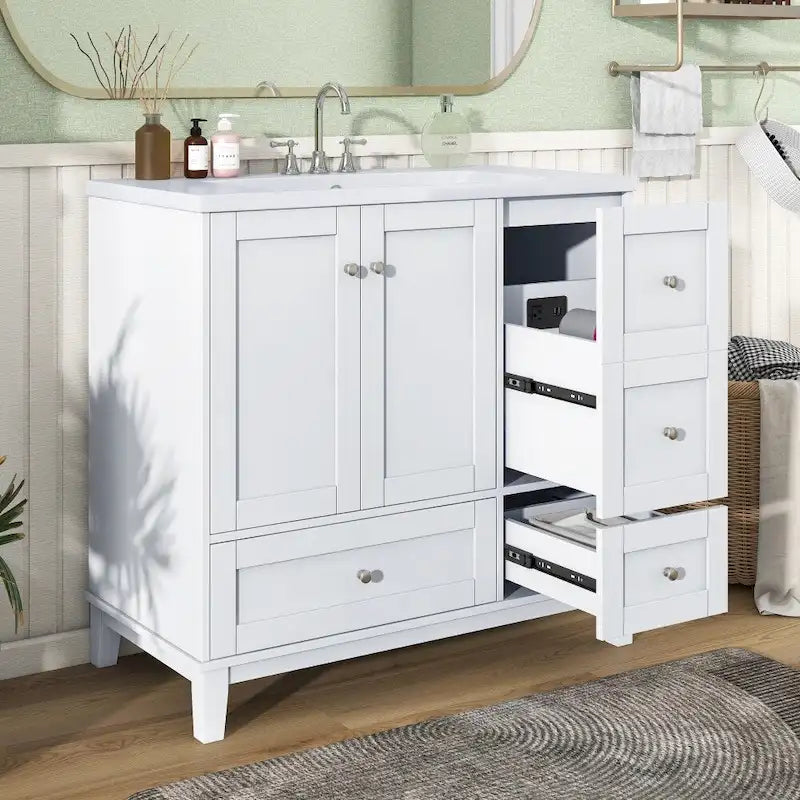 Mobile bagno da 36 pollici con ricarica USB, lavabo in resina, telaio in legno massello, 3 cassetti contenitori