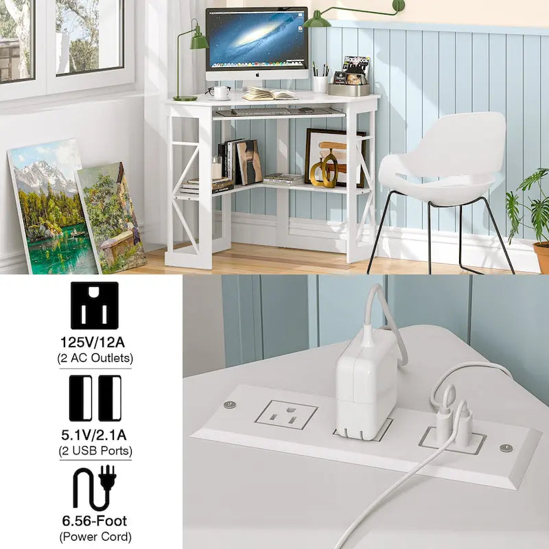 Scrivania ad angolo Scrivania piccola con prese Tavolo ad angolo per piccoli spazi, Scrivania per computer con porte USB Scrivania triangolare con contenitore