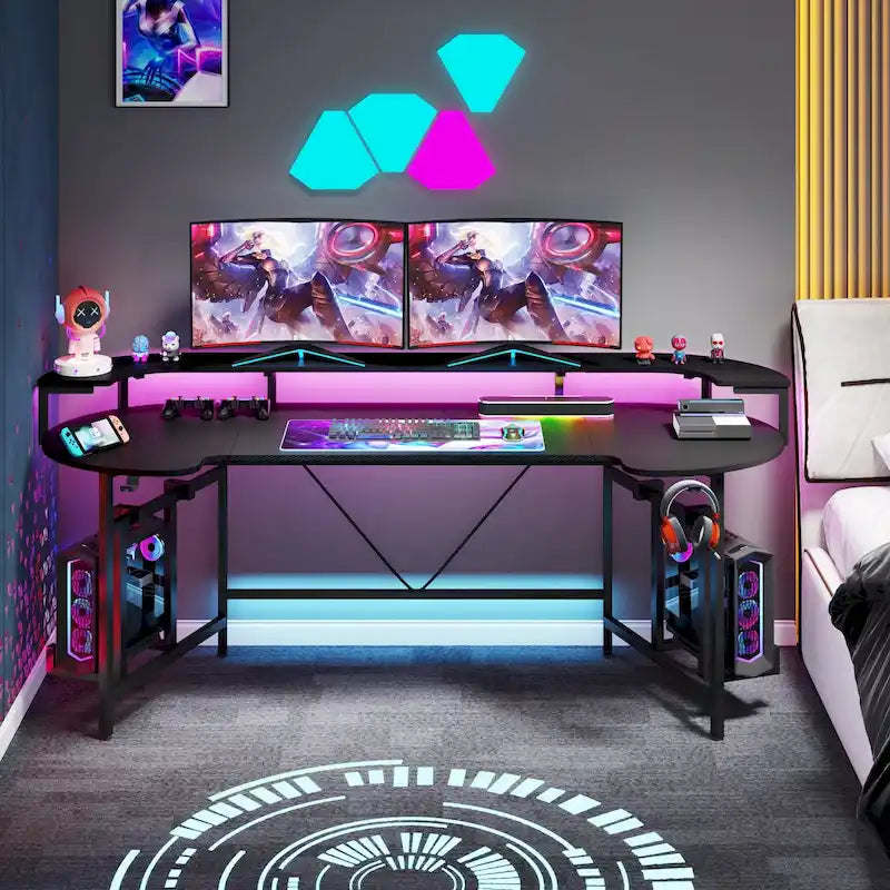 Scrivania da Gaming con Ripiano Monitor, Scrivania per PC Computer da 75 Pollici con Striscia LED