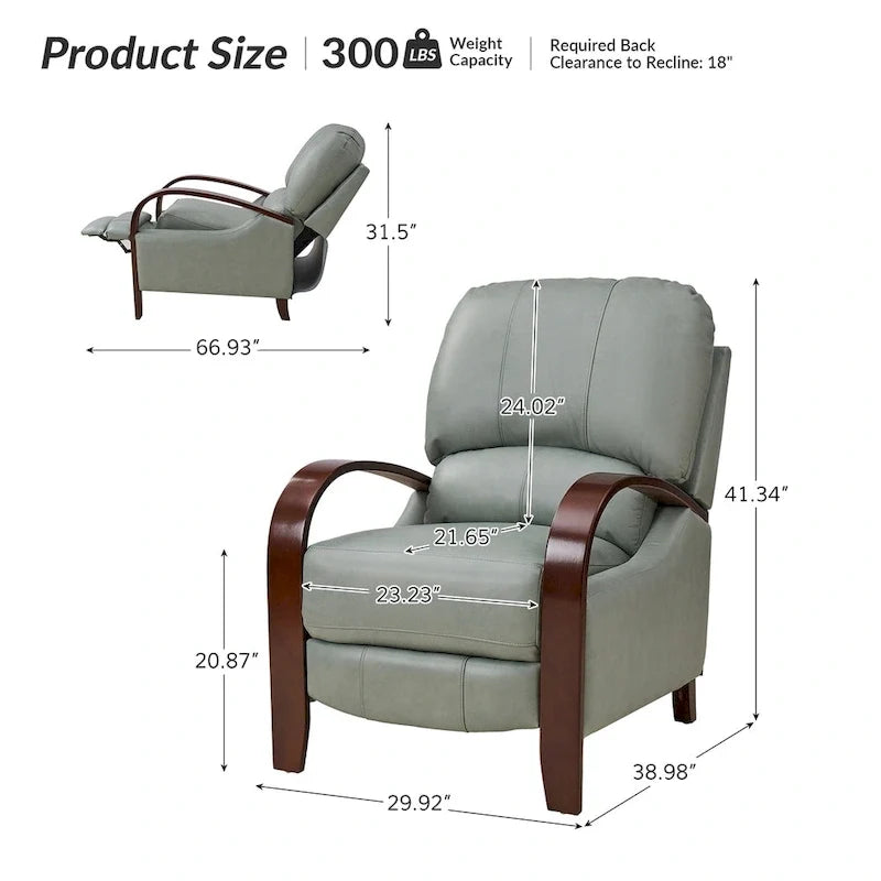 Poltrona reclinabile manuale Alex Mid-century Modern Cigar in vera pelle con braccioli ricurvi in legno