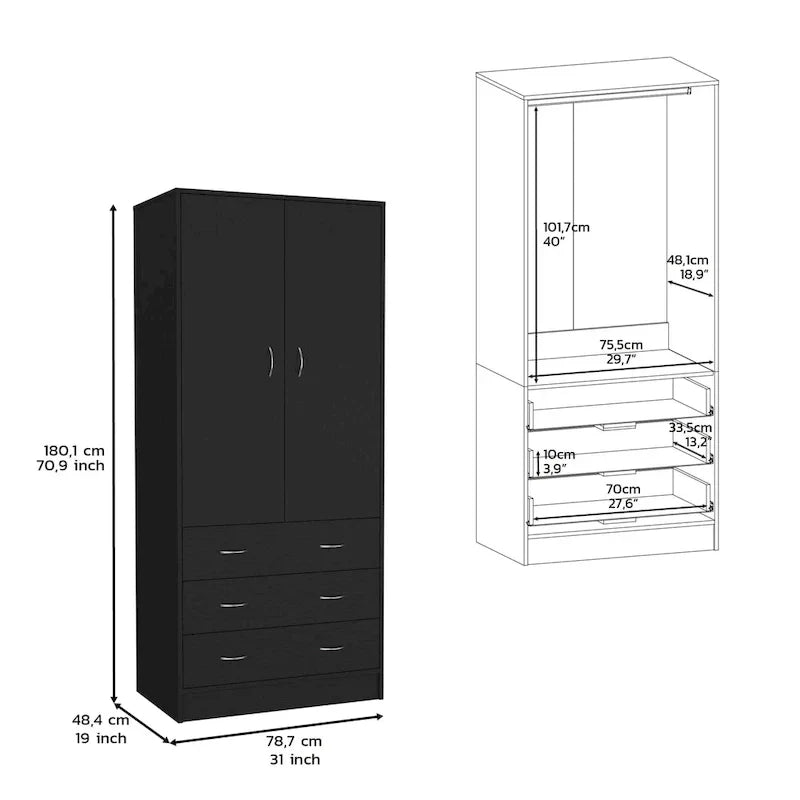 19 Armadio moderno a due ante con 3 cassetti e 1 asta appendiabiti per camera da letto
