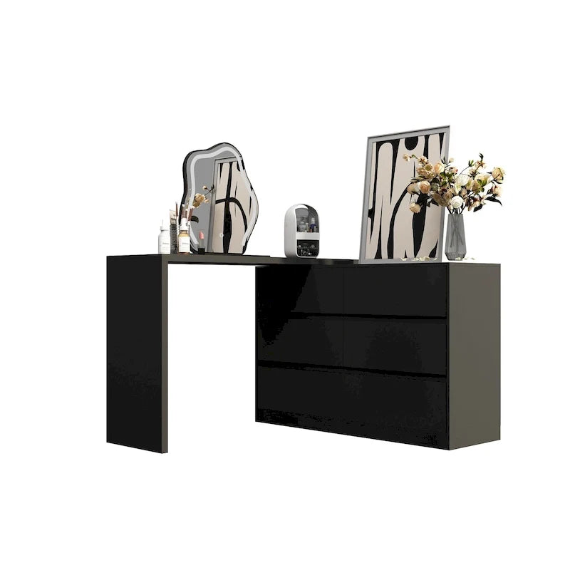 Cassettiera e Scrivania Girevole a 32,7H, con 6 Cassetti, Tavolo da Trucco, Bianco/Nero